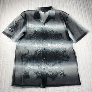 VTG Trust Couture Camp Collar Shirt Men's 2XL Mesh Sheer Dragon Tiger AOP Black